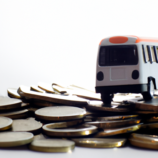 תמונה של ערימת מטבעות עם אוטובוס ברקע, המסמלת את עלות הסעת העובדים.
