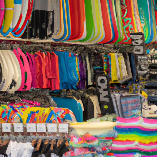 תמונה של חנות גלישה שוקקת עם מגוון בגדי ים בתצוגה