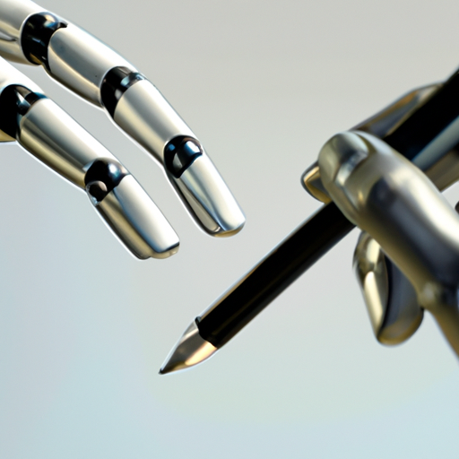 3. תמונה מהורהרת של יד אנושית ויד רובוטית מחזיקה עטים, הממחישה את אתגר האותנטיות בתוכן שנוצר בינה מלאכותית